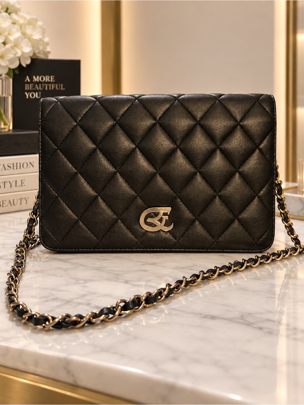 Quilted Black Chain-Shoulder Crossbody Bag